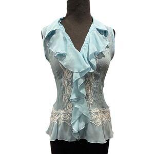 Sunny Taylor Light Blue Crinkle Ruffle Fairy Lace V-Neck Sleeveless Blouse